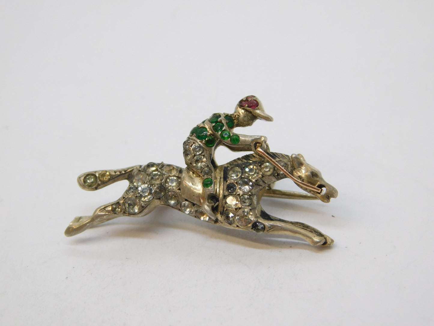 Victorian Sterling Silver, Gold & Paste Horse Racing Brooch Antique c1890