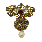 19th Century Austro-Hungarian Sterling Silver Gilt Stone Set Drop Brooch Antique c1860