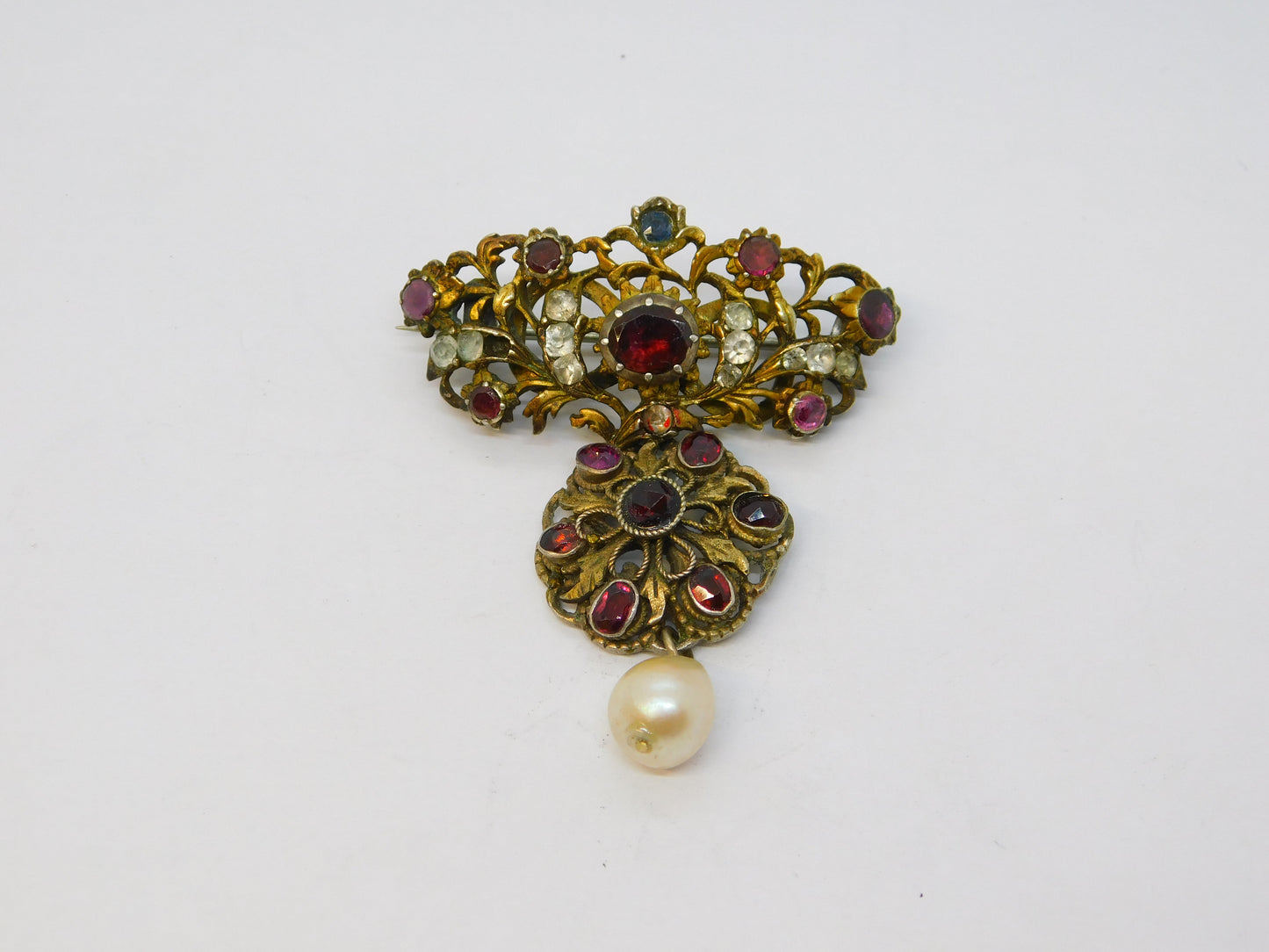 19th Century Austro-Hungarian Sterling Silver Gilt Stone Set Drop Brooch Antique c1860