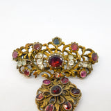 19th Century Austro-Hungarian Sterling Silver Gilt Stone Set Drop Brooch Antique c1860