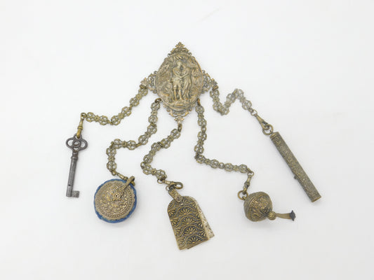 Regency French Gilt Metal Large Sewing Chatelaine with Tools Antique c1830