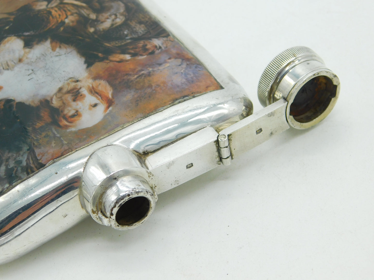 Sterling Silver Enamel Spaniel Gun Dog Hip Flask Antique 1930 Birmingham Deco