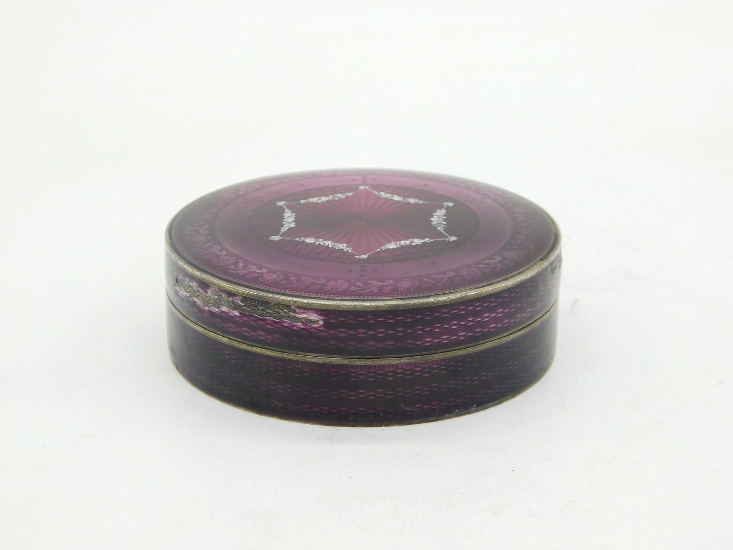 19th Century French .950 Silver Purple-White Guilloche Enamel Jewellery Box c1860