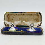 Edwardian Boxed Sterling Silver Mother of Pearl Winged Mascot Cutlery Rests