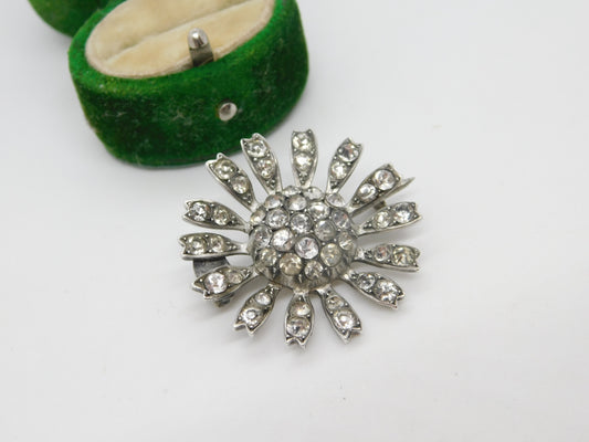 Victorian Sterling Silver & Sparkling Paste Set Floral Brooch Antique c1880