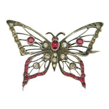 19th Century .800 Silver Red-White Paste Set Butterfly Brooch Antique c1860