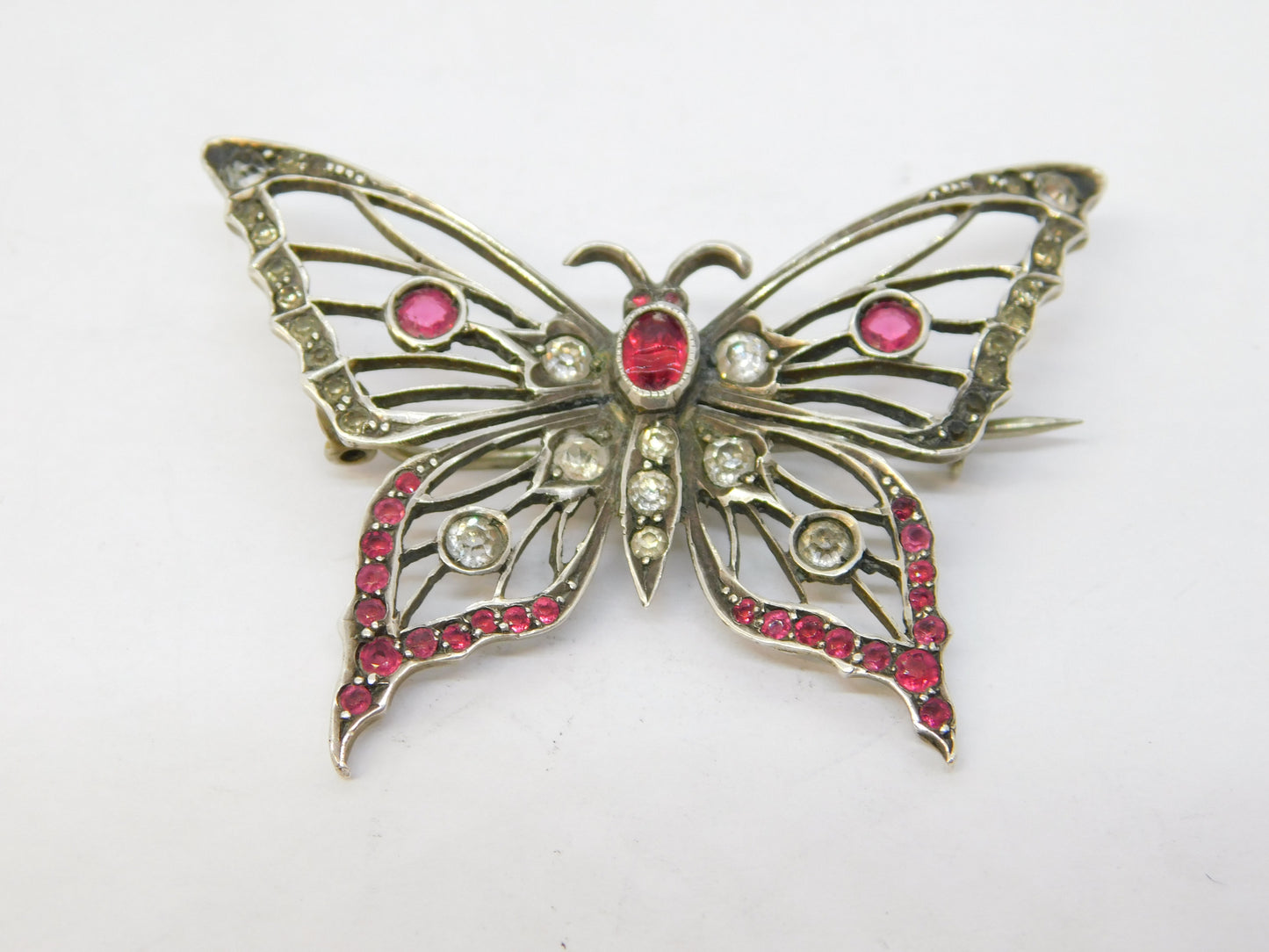 19th Century .800 Silver Red-White Paste Set Butterfly Brooch Antique c1860