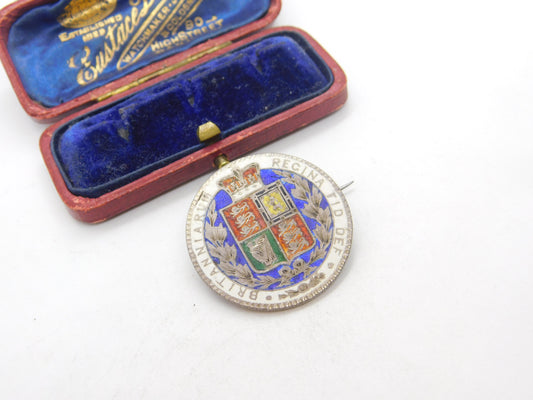 Victorian Sterling Silver & Enamel Half Crown Coin Brooch Pendant c1860 Antique