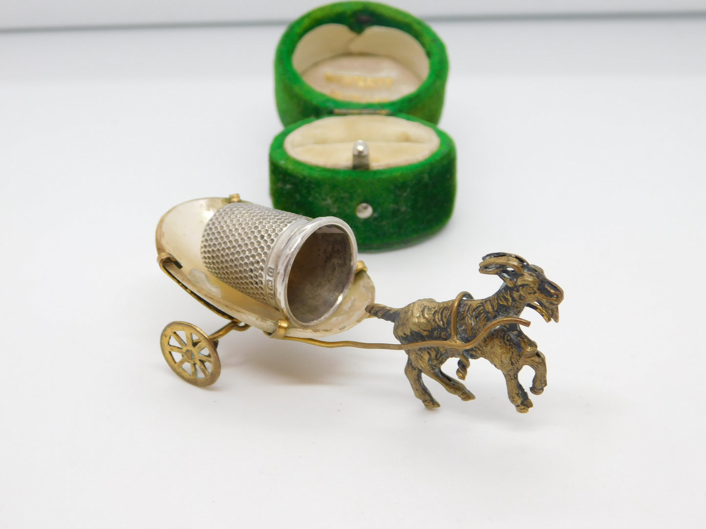 Victorian Gilt Metal & Pearl Set Novelty Goat Cart Thimble Holder c1890 Antique