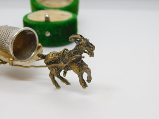 Victorian Gilt Metal & Pearl Set Novelty Goat Cart Thimble Holder c1890 Antique