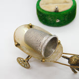 Victorian Gilt Metal & Pearl Set Novelty Goat Cart Thimble Holder c1890 Antique