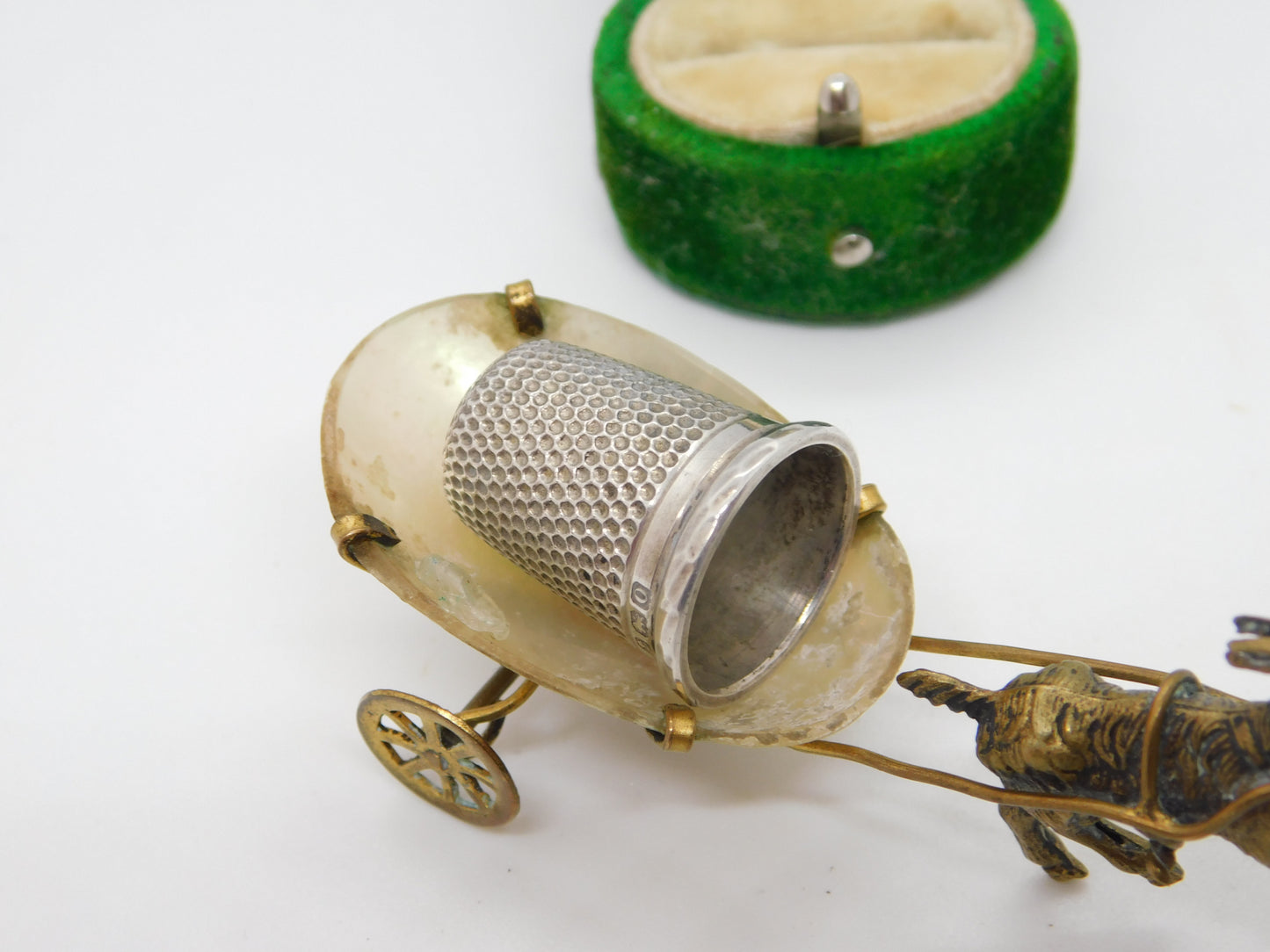 Victorian Gilt Metal & Pearl Set Novelty Goat Cart Thimble Holder c1890 Antique