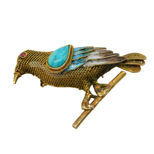 Chinese Sterling Silver Gilt, Enamel & Turquoise Bird Brooch Antique c1940