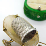 Victorian Gilt Metal & Pearl Set Novelty Goat Cart Thimble Holder c1890 Antique