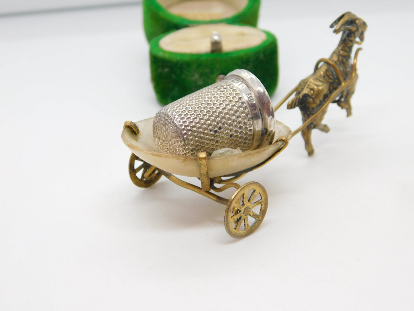 Victorian Gilt Metal & Pearl Set Novelty Goat Cart Thimble Holder c1890 Antique