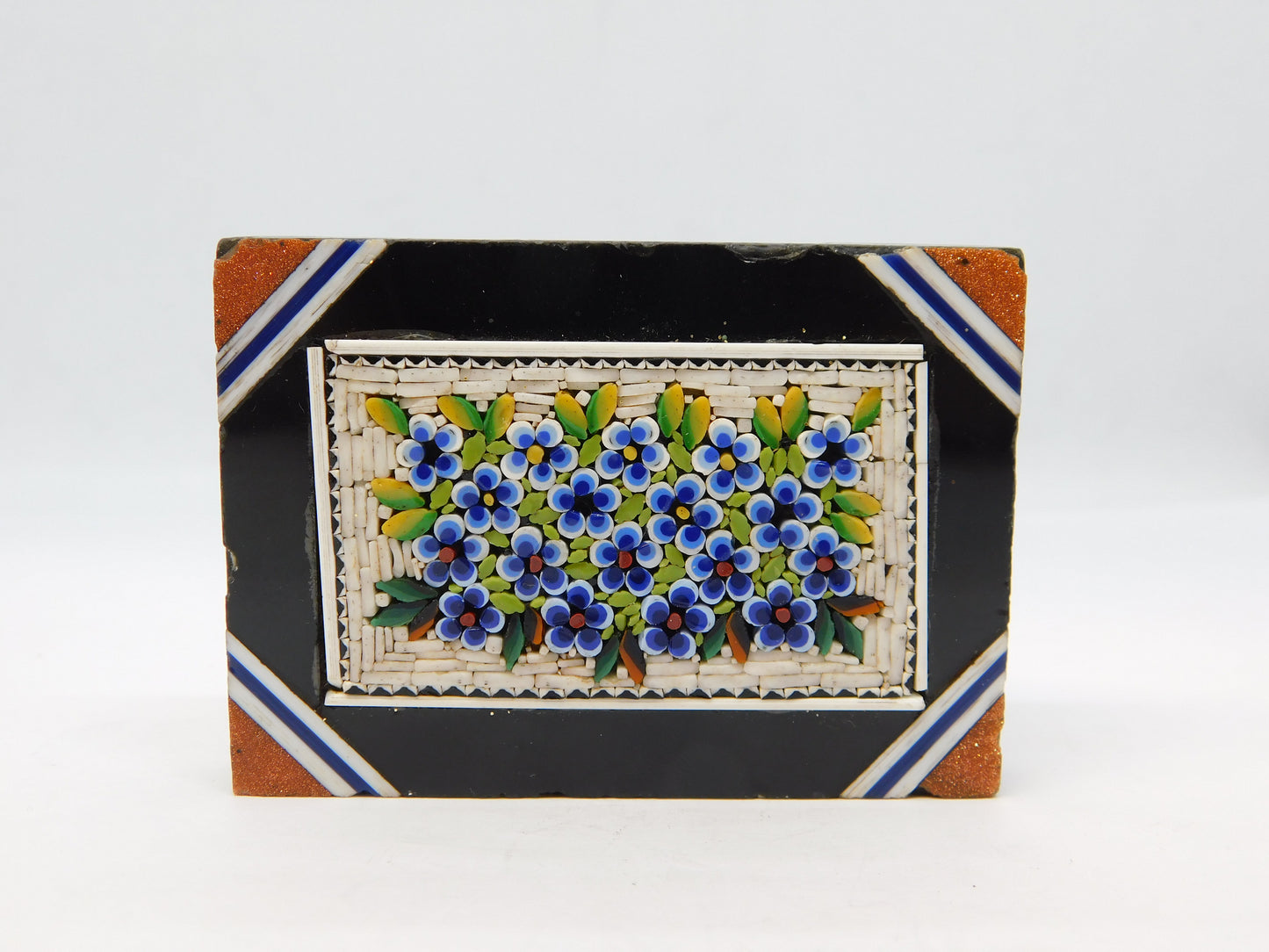 19th Century Black Marble Set Micro-Mosaic Floral Plaque Antique c1860