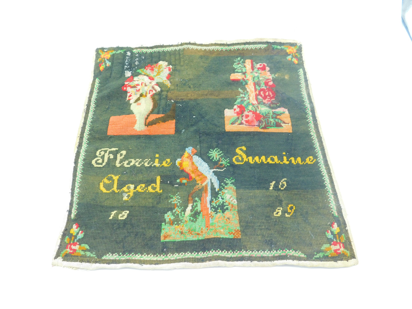 Victorian Needlework Wool Samper 'Florrie Swaine Aged 16 1889' Antique