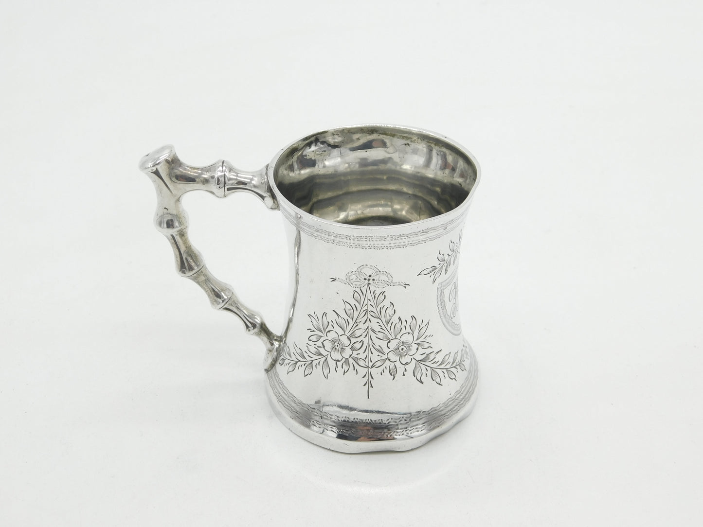 Victorian Sterling Silver Floral Bamboo Handle Christening Mug 1891 Antique