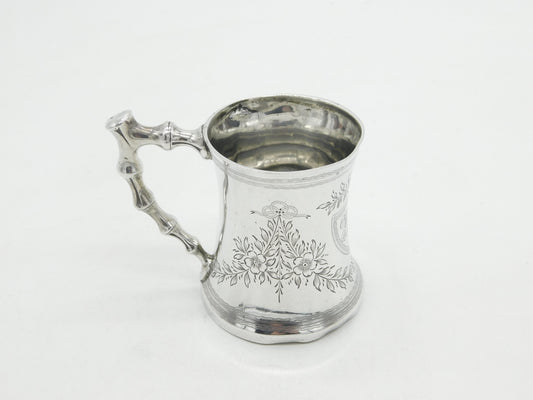 Victorian Sterling Silver Floral Bamboo Handle Christening Mug 1891 Antique