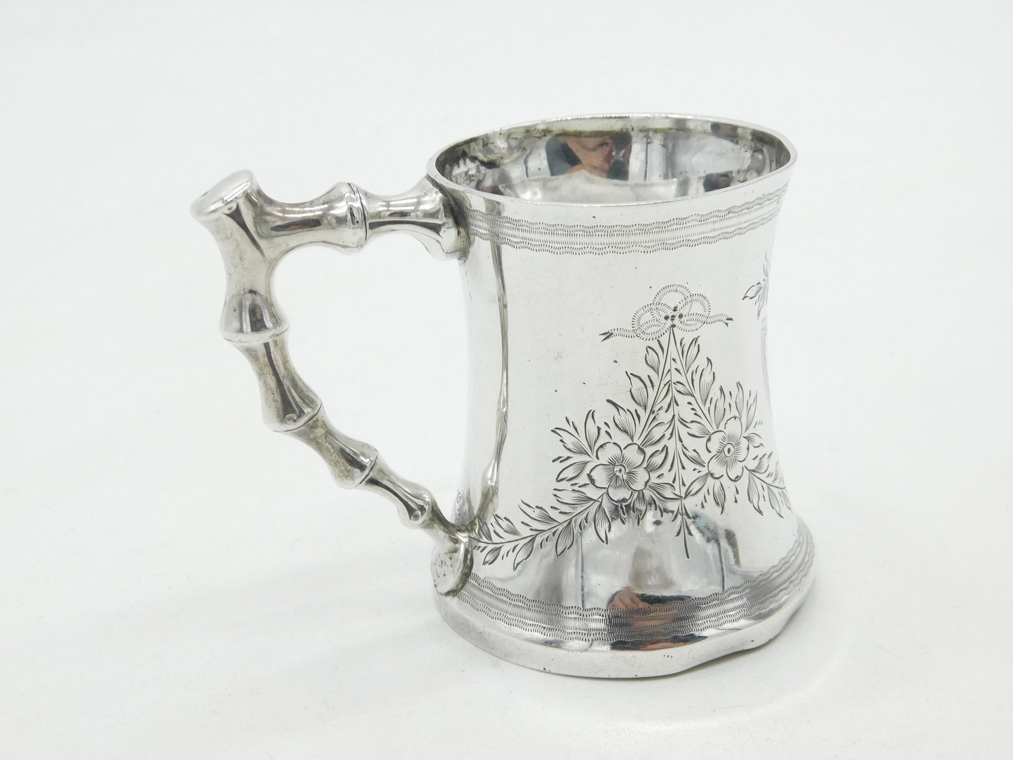 Victorian Sterling Silver Floral Bamboo Handle Christening Mug 1891 Antique