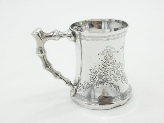 Victorian Sterling Silver Floral Bamboo Handle Christening Mug 1891 Antique