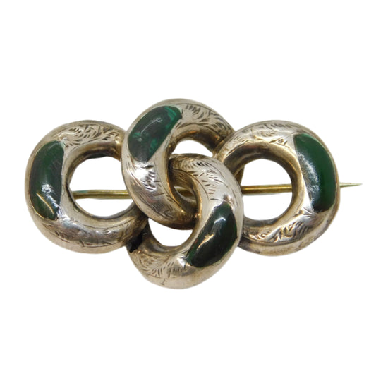 Victorian Scottish Sterling Silver Green Malachite Knotted Brooch Antique c1860