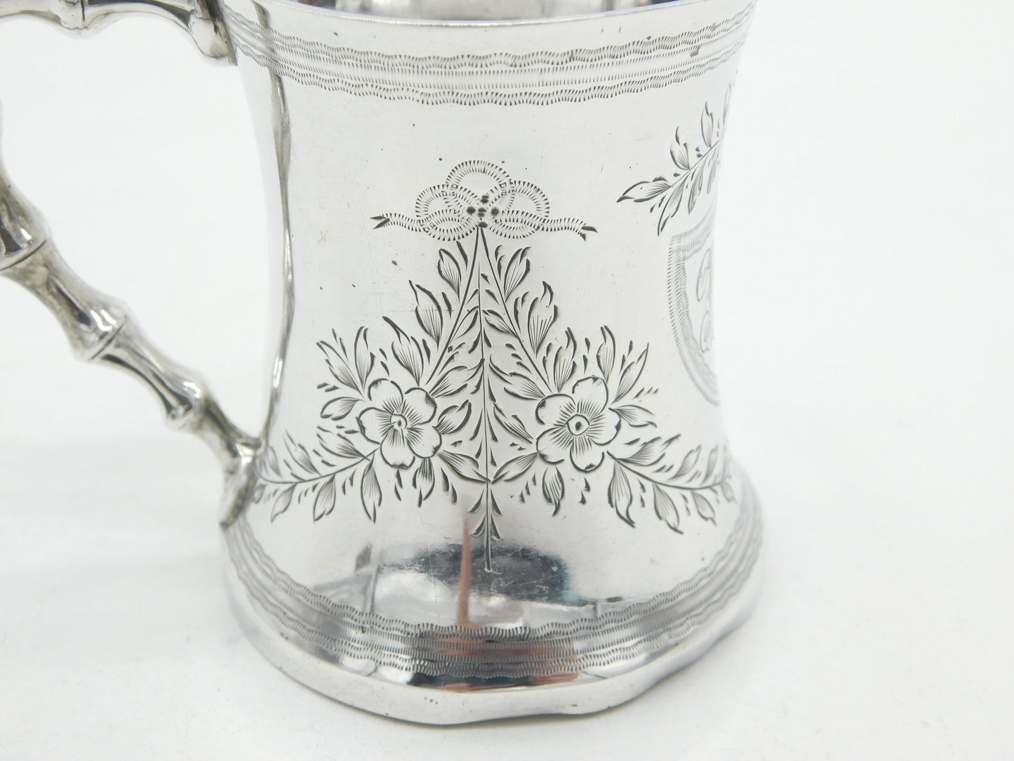 Victorian Sterling Silver Floral Bamboo Handle Christening Mug 1891 Antique