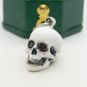 Sterling Silver, White Enamel & Garnet Memento Mori Skull Charm Vintage c1960
