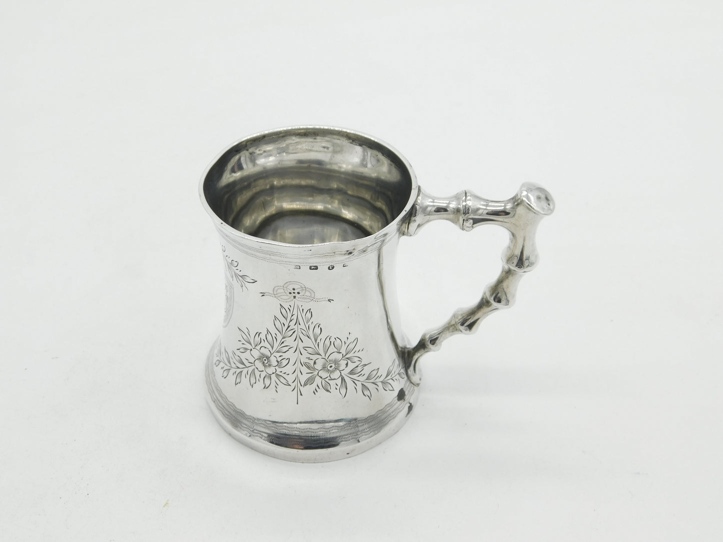 Victorian Sterling Silver Floral Bamboo Handle Christening Mug 1891 Antique