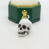 Sterling Silver, White Enamel & Garnet Memento Mori Skull Charm Vintage c1960