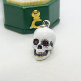 Sterling Silver, White Enamel & Garnet Memento Mori Skull Charm Vintage c1960