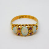 Victorian 18ct Yellow Gold, Three-Stone Opal & Ruby Boat Ring Antique 1901 Birmingham