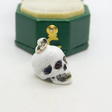 Sterling Silver, White Enamel & Garnet Memento Mori Skull Charm Vintage c1960