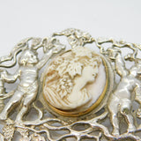 Victorian Sterling Silver, Gold, Angel Skin Coral Cameo Mourning Brooch Antique c1860