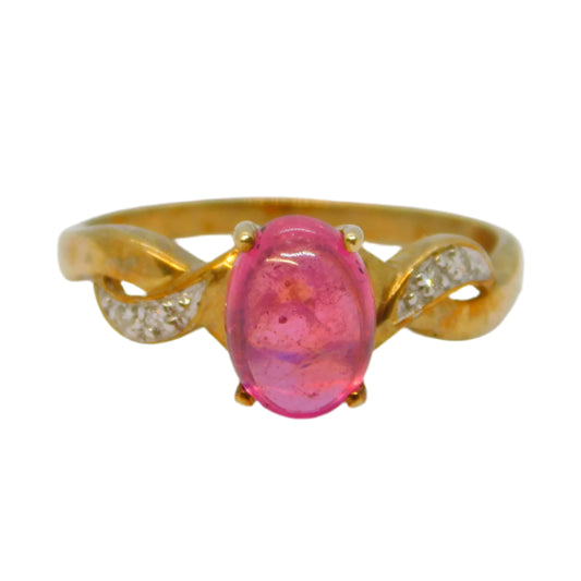 9ct Yellow Gold, Cabochon Pink Topaz & Diamond Dress Ring Vintage c1980