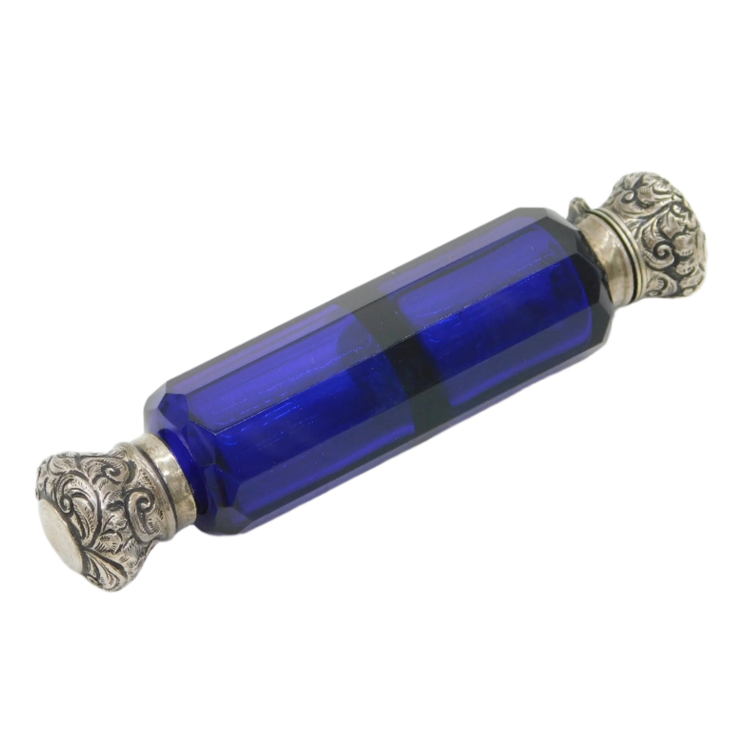 Victorian Sterling Silver Topped Double Ended Blue Glass Scent Bottle Antique c1880