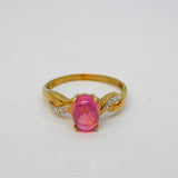 9ct Yellow Gold, Cabochon Pink Topaz & Diamond Dress Ring Vintage c1980