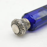 Victorian Sterling Silver Topped Double Ended Blue Glass Scent Bottle Antique c1880