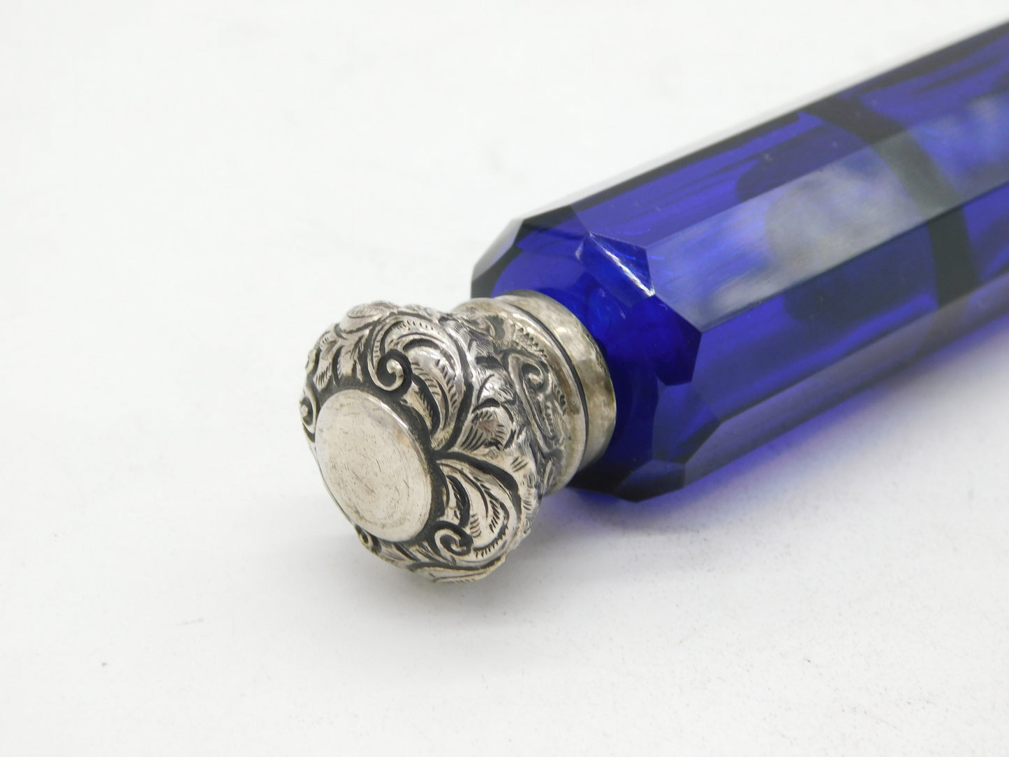 Victorian Sterling Silver Topped Double Ended Blue Glass Scent Bottle Antique c1880