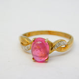 9ct Yellow Gold, Cabochon Pink Topaz & Diamond Dress Ring Vintage c1980