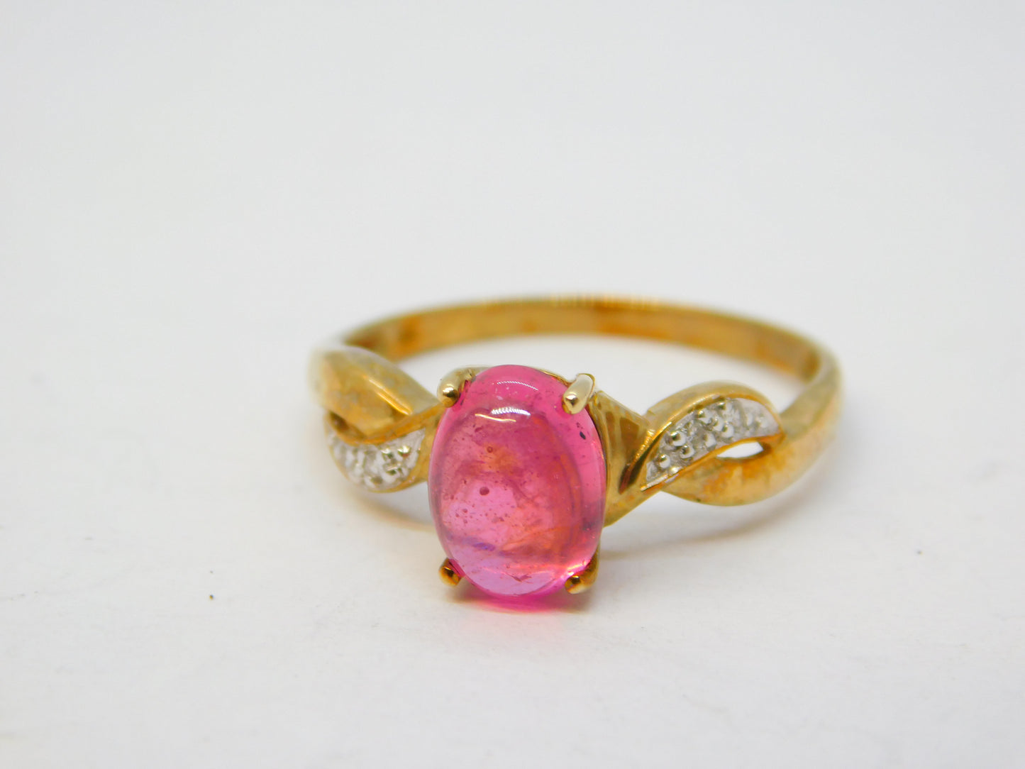 9ct Yellow Gold, Cabochon Pink Topaz & Diamond Dress Ring Vintage c1980