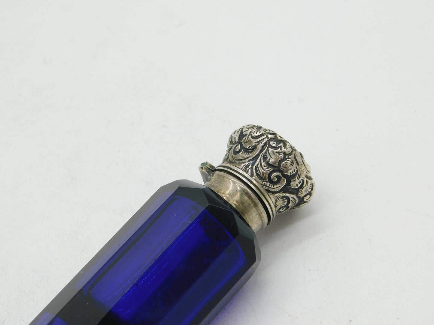 Victorian Sterling Silver Topped Double Ended Blue Glass Scent Bottle Antique c1880