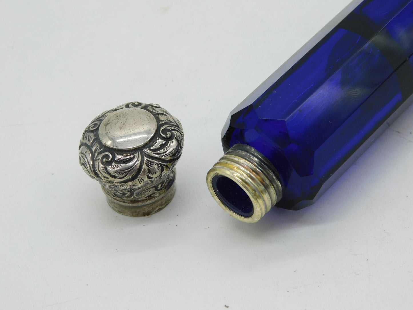 Victorian Sterling Silver Topped Double Ended Blue Glass Scent Bottle Antique c1880
