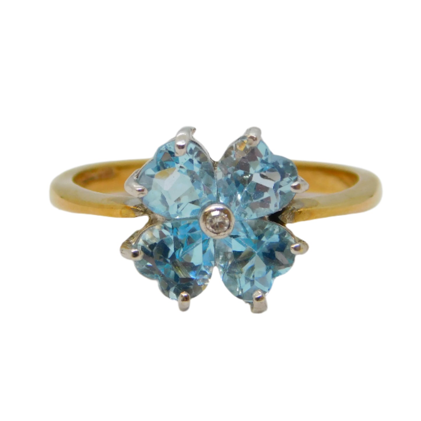 9ct Yellow Gold, Aquamarine, Diamond Heart Cut Ring Vintage 1994 Birmingham