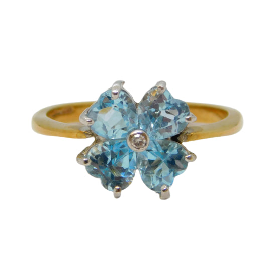 9ct Yellow Gold, Aquamarine, Diamond Heart Cut Ring Vintage 1994 Birmingham