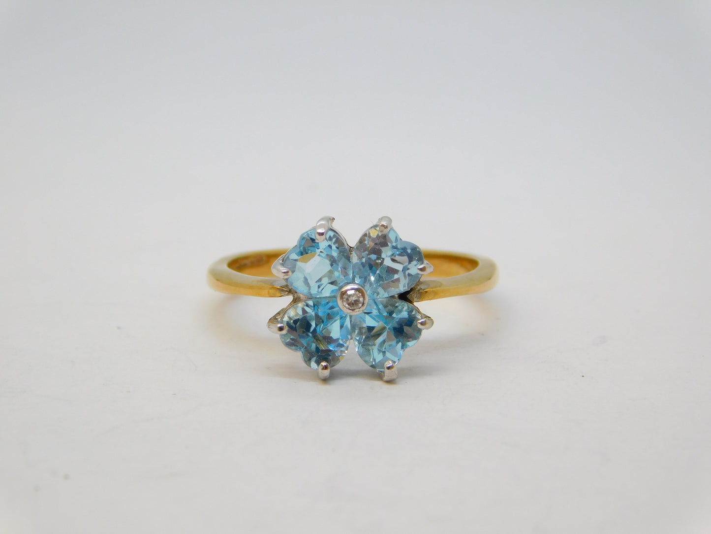 9ct Yellow Gold, Aquamarine, Diamond Heart Cut Ring Vintage 1994 Birmingham