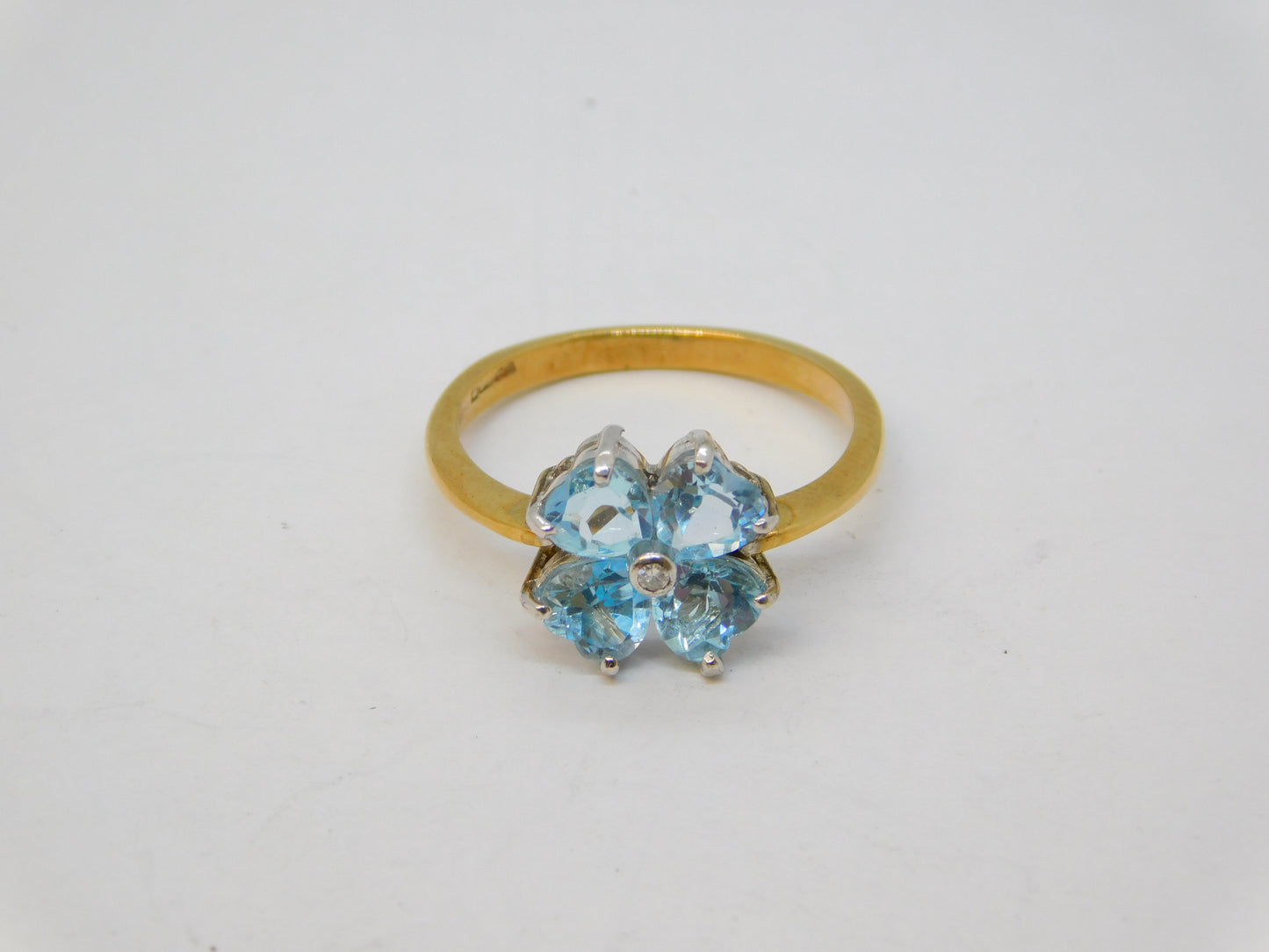 9ct Yellow Gold, Aquamarine, Diamond Heart Cut Ring Vintage 1994 Birmingham