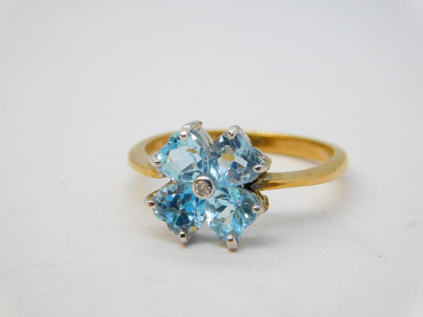 9ct Yellow Gold, Aquamarine, Diamond Heart Cut Ring Vintage 1994 Birmingham