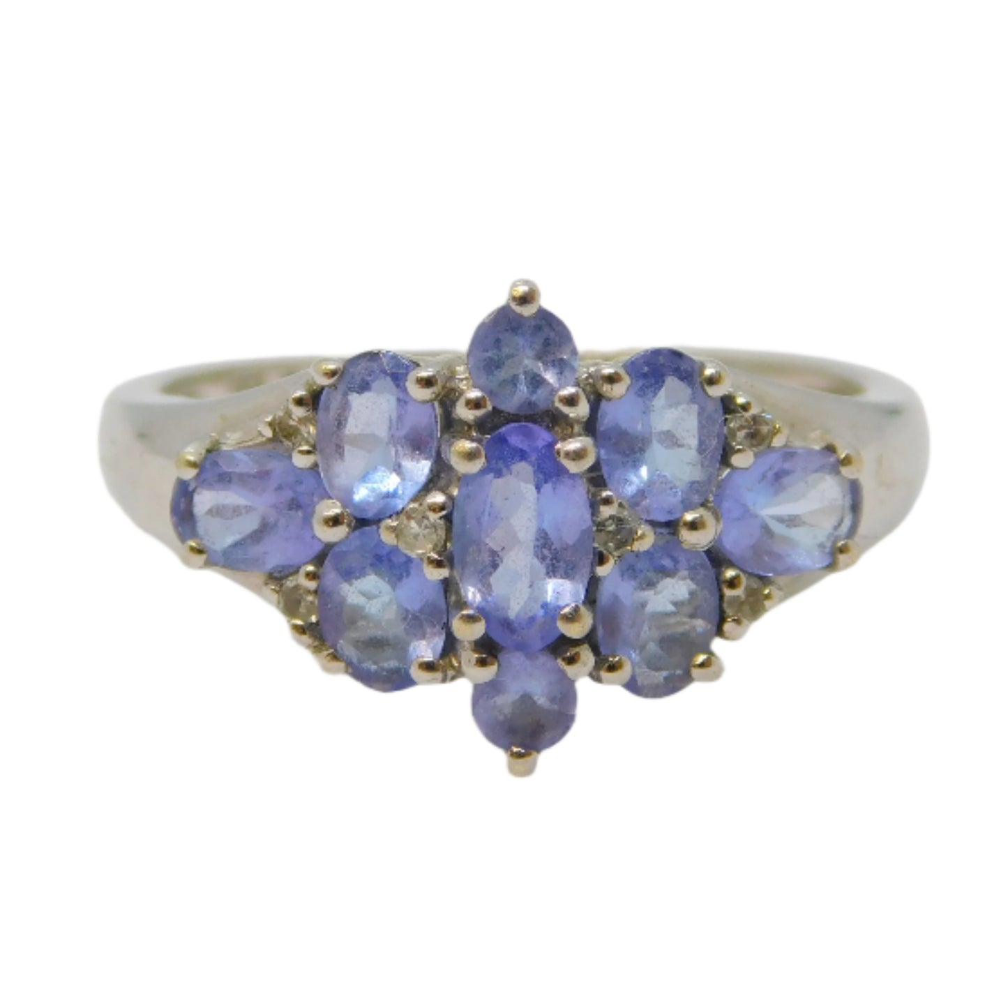 9ct White Gold & Tanzanite Set Cluster Ring Vintage c1980