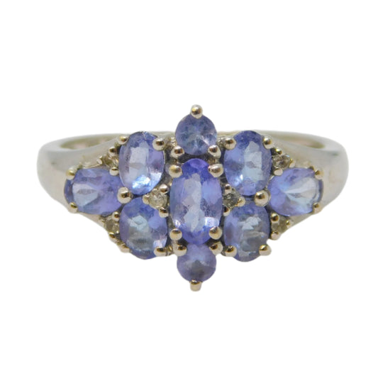 9ct White Gold & Tanzanite Set Cluster Ring Vintage c1980